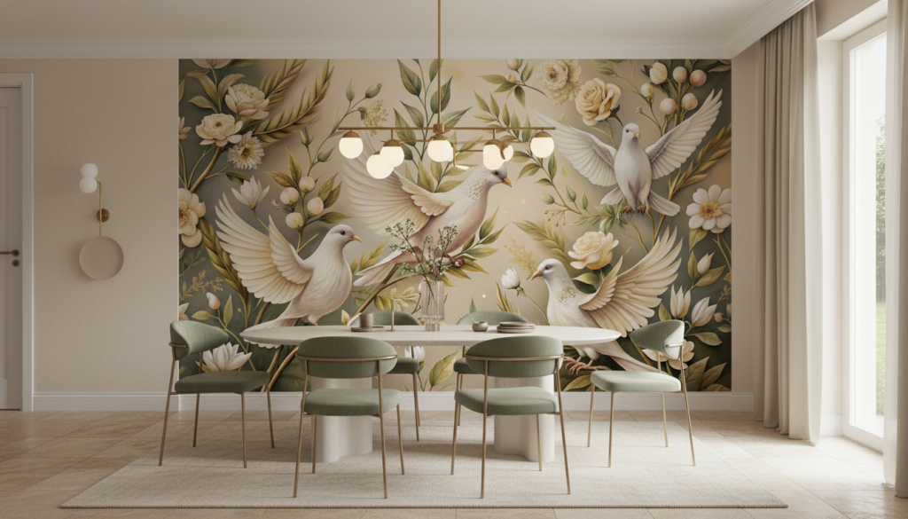 Papier peint colombes blanches et roses crème sur fond naturel doré - Salle à manger