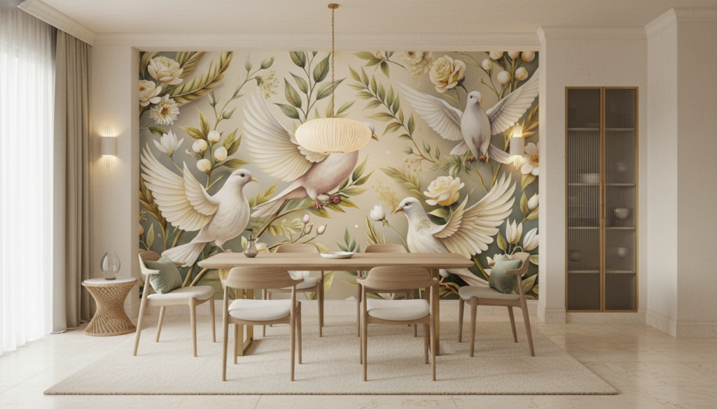 Papier peint colombes blanches et roses crème sur fond naturel doré - Salle à manger