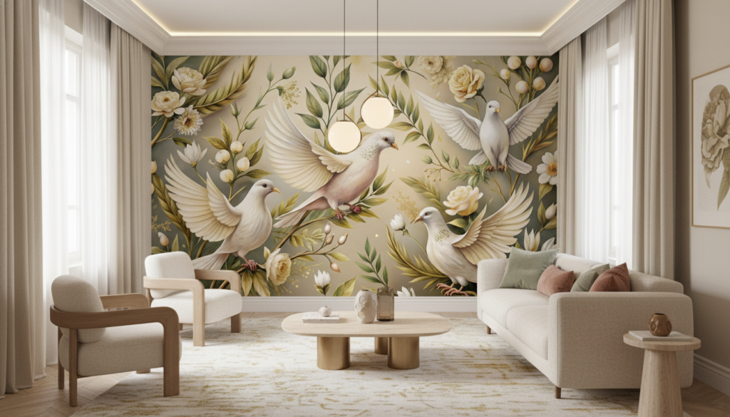 Papier peint colombes blanches et roses crème sur fond naturel doré - Salon / Séjour