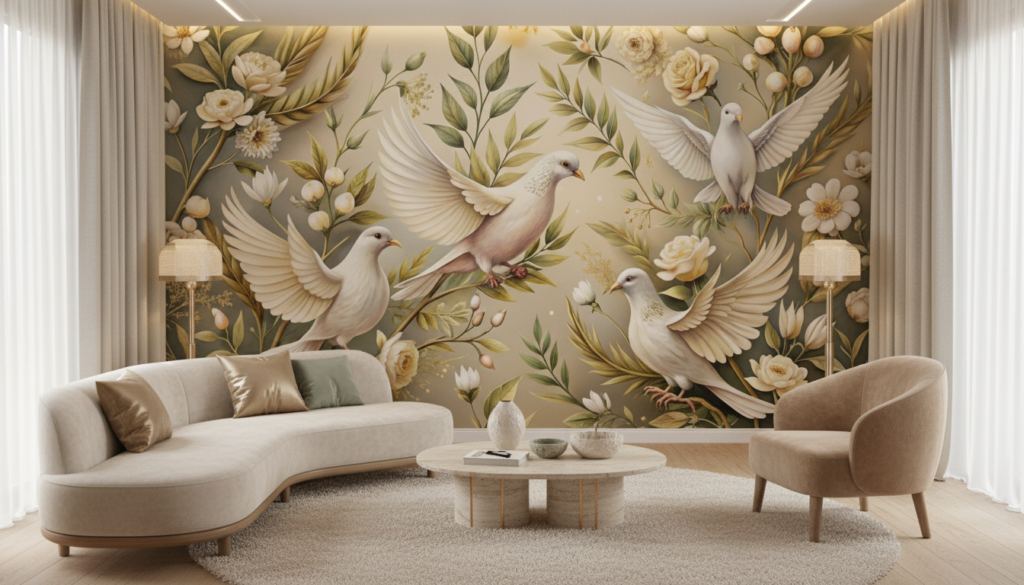Papier peint colombes blanches et roses crème sur fond naturel doré - Salon / Séjour