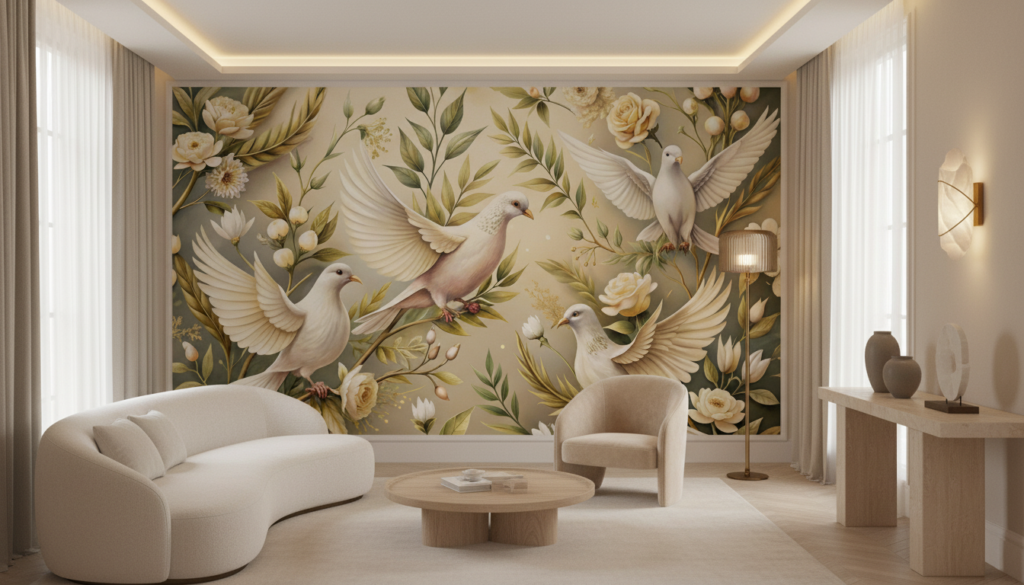 Papier peint colombes blanches et roses crème sur fond naturel doré - Salon / Séjour