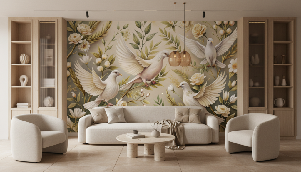 Papier peint colombes blanches et roses crème sur fond naturel doré - Salon / Séjour