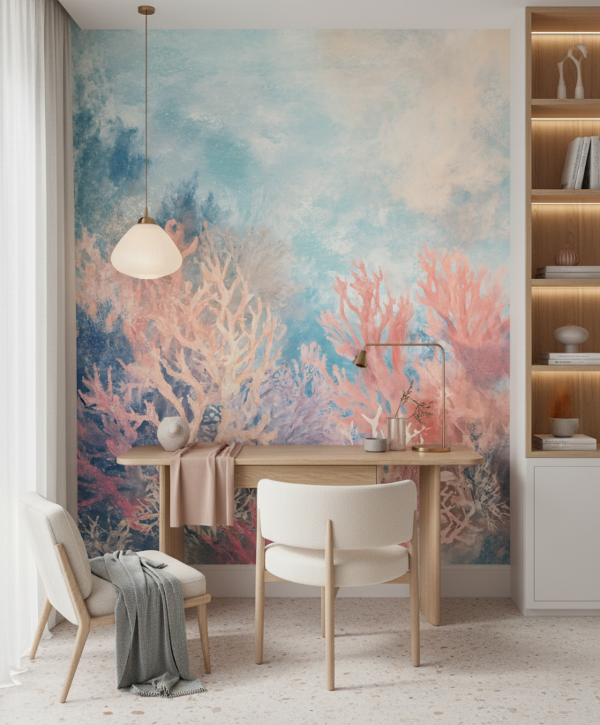 Papier peint corail sous-marin aux nuances aquatiques pastel - Bureau