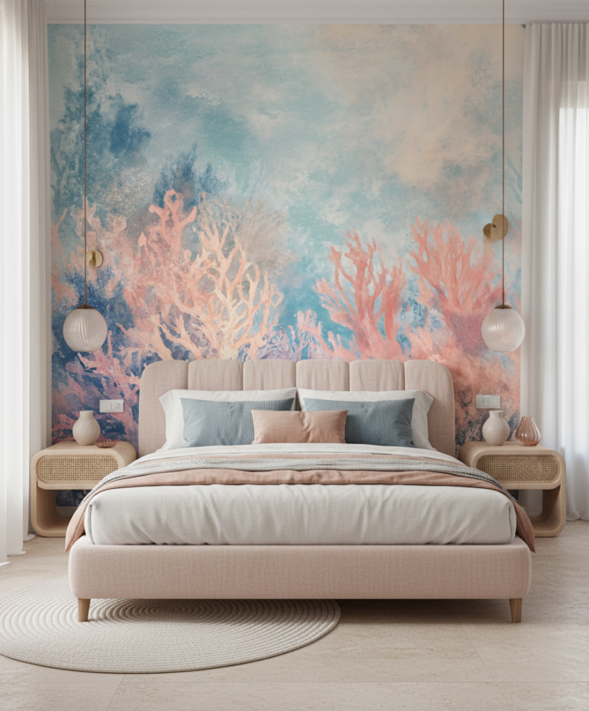 Papier peint corail sous-marin aux nuances aquatiques pastel - Chambre adulte