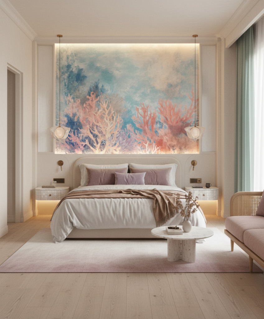 Papier peint corail sous-marin aux nuances aquatiques pastel - Hôtel