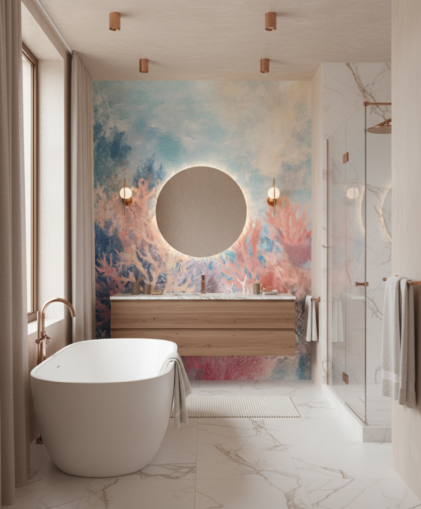Papier peint corail sous-marin aux nuances aquatiques pastel - Salle de bain