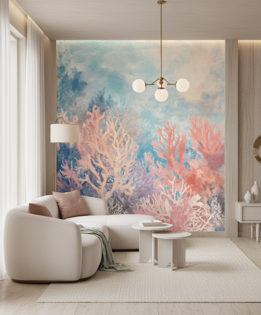 Papier peint corail sous-marin aux nuances aquatiques pastel - Salon / Séjour