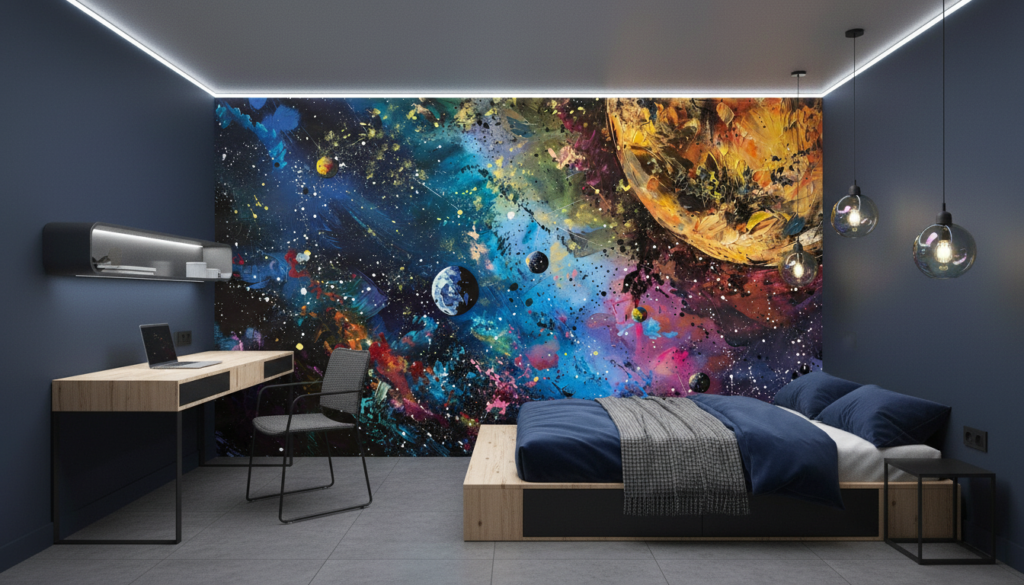 Papier Peint Cosmique Abstrait aux Couleurs Éclatantes et Planètes - Chambre ado