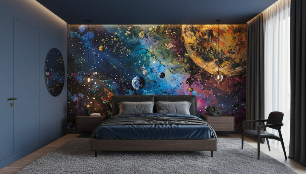 Papier Peint Cosmique Abstrait aux Couleurs Éclatantes et Planètes - Chambre adulte