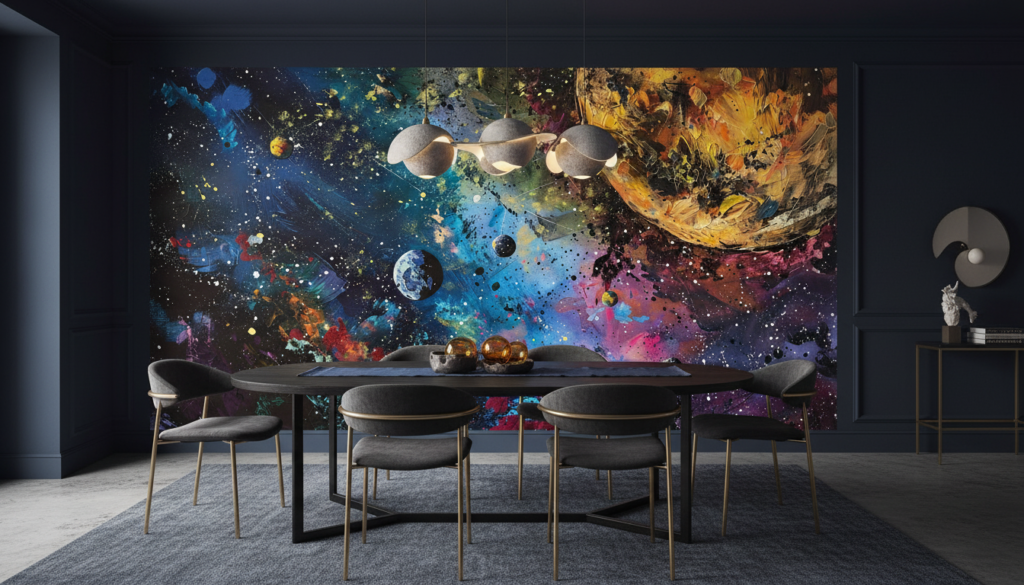 Papier Peint Cosmique Abstrait aux Couleurs Éclatantes et Planètes - Salle à manger