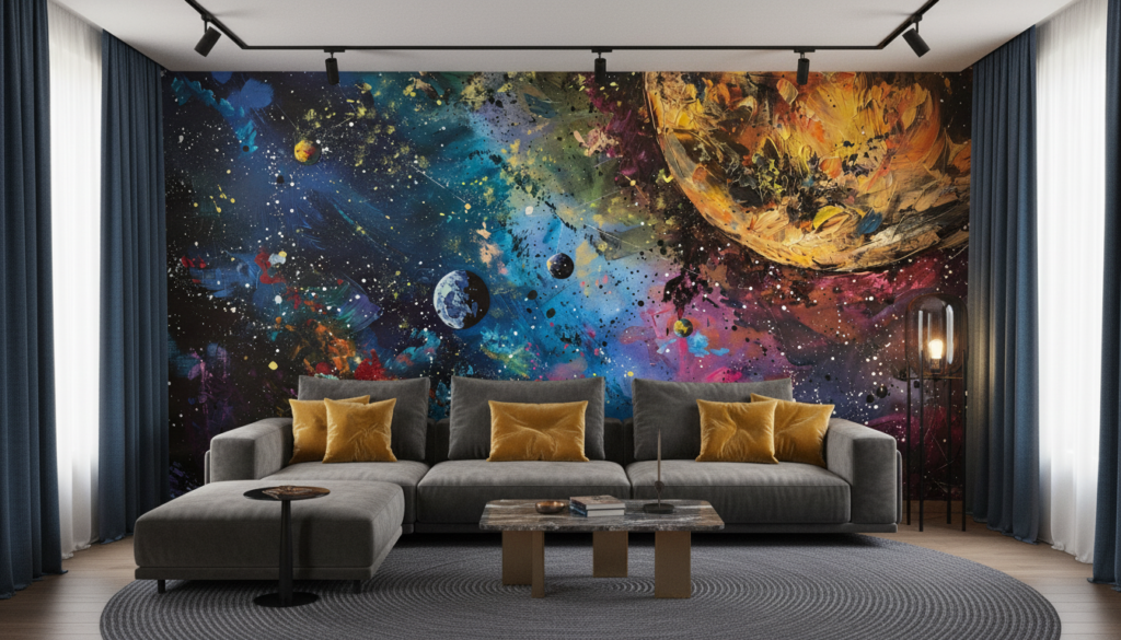 Papier Peint Cosmique Abstrait aux Couleurs Éclatantes et Planètes - Salon / Séjour