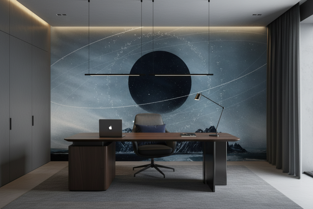 Papier Peint Cosmique Noir Planète Anneaux Étoilés Montagnes Glacées - Bureau