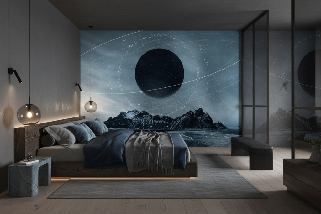 Papier Peint Cosmique Noir Planète Anneaux Étoilés Montagnes Glacées - Chambre adulte