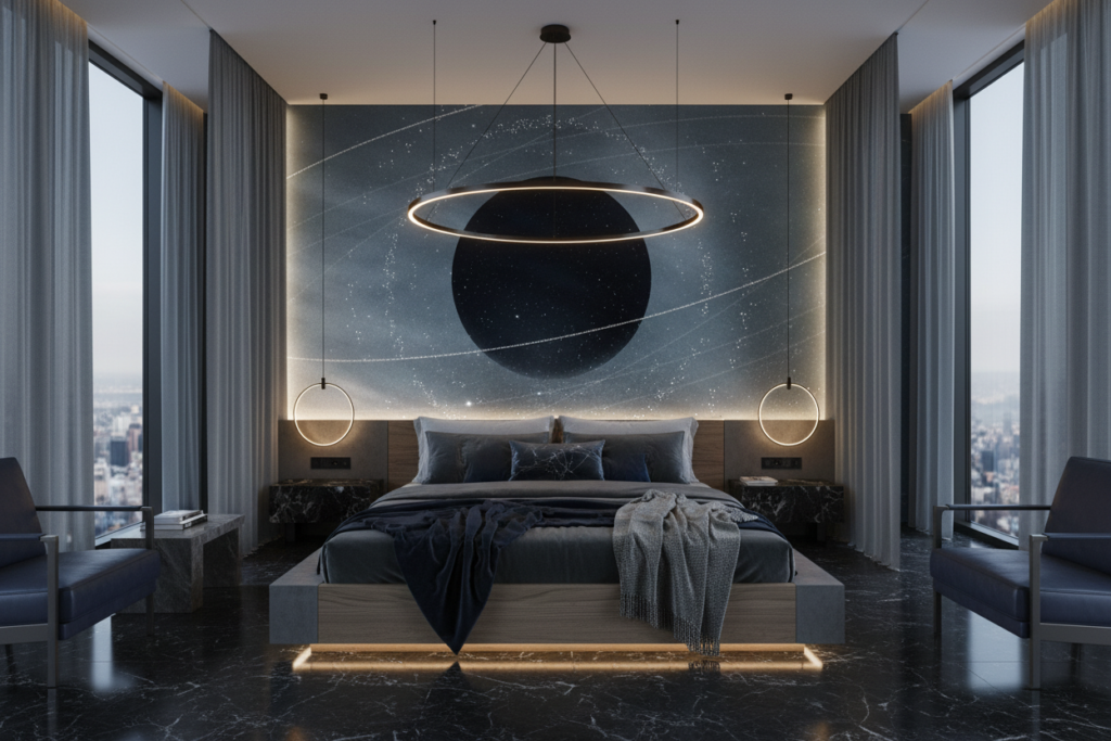 Papier Peint Cosmique Noir Planète Anneaux Étoilés Montagnes Glacées - Hôtel