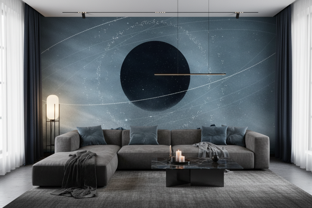 Papier Peint Cosmique Noir Planète Anneaux Étoilés Montagnes Glacées - Salon / Séjour
