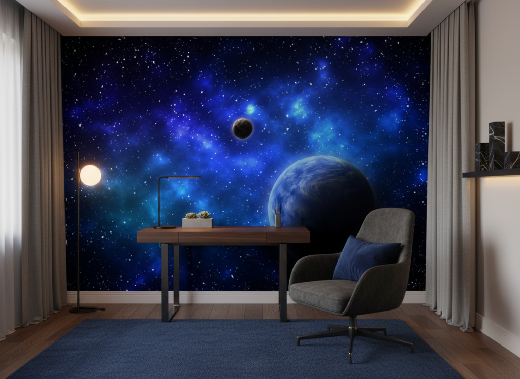 Papier peint cosmique planètes bleues et étoiles galaxie mystérieuse - Bureau
