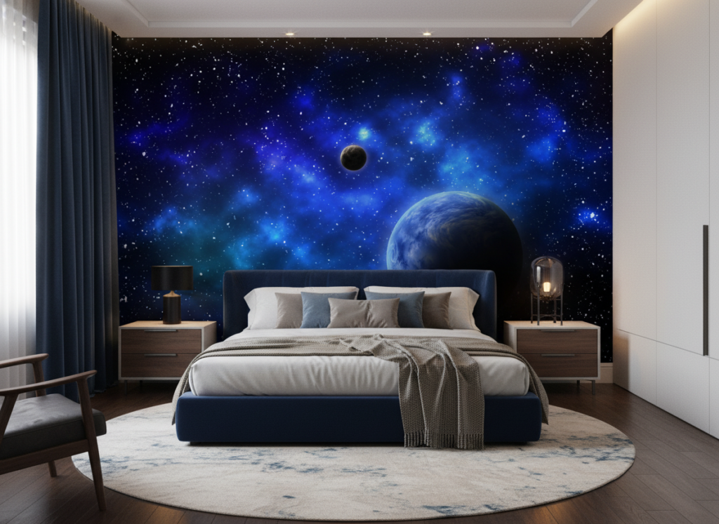 Papier peint cosmique planètes bleues et étoiles galaxie mystérieuse - Chambre adulte