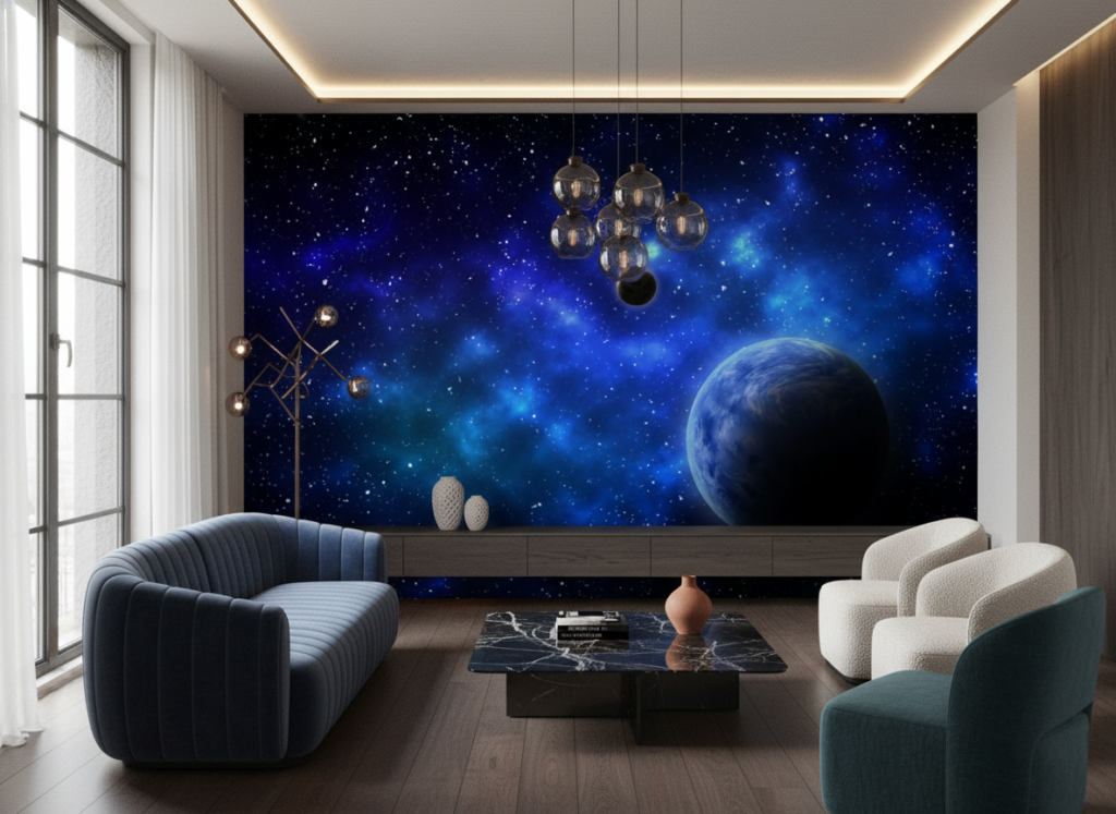 Papier peint cosmique planètes bleues et étoiles galaxie mystérieuse - Salon / Séjour