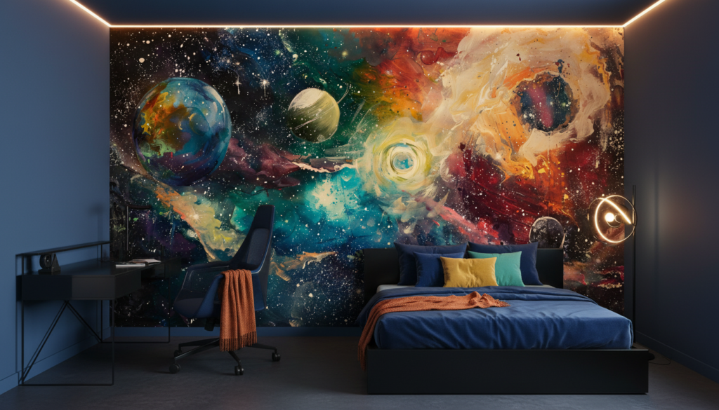 Papier Peint Cosmos Abstrait Galaxie Étoilée Multicolore Espace - Chambre ado