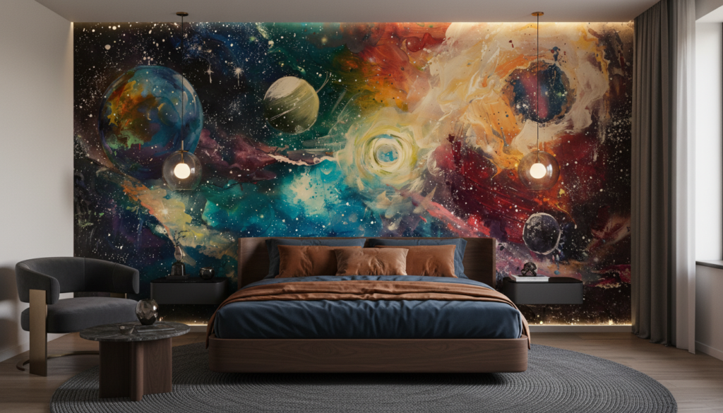 Papier Peint Cosmos Abstrait Galaxie Étoilée Multicolore Espace - Chambre adulte