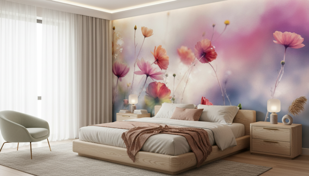 Papier peint cosmos aquarelle aux tons roses et corail - Chambre adulte