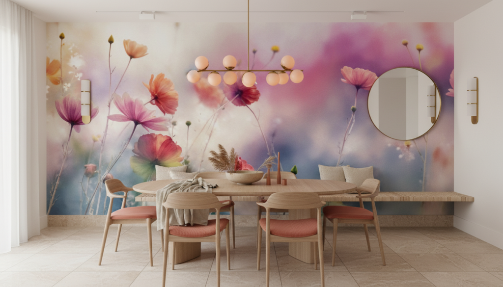 Papier peint cosmos aquarelle aux tons roses et corail - Salle à manger