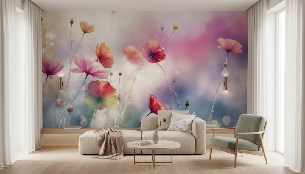 Papier peint cosmos aquarelle aux tons roses et corail - Salon / Séjour