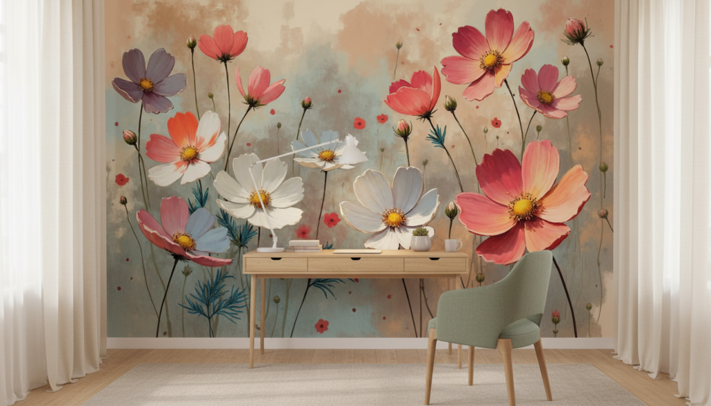 Papier peint cosmos aquarelle romantique tons pastel et corail - Bureau