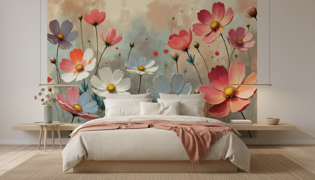 Papier peint cosmos aquarelle romantique tons pastel et corail - Chambre adulte