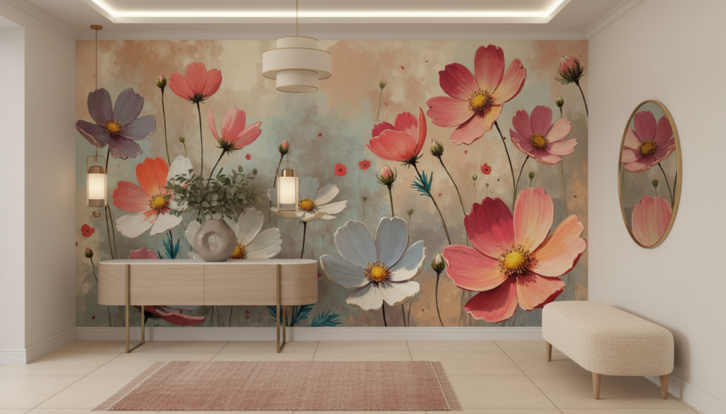 Papier peint cosmos aquarelle romantique tons pastel et corail - Entrée