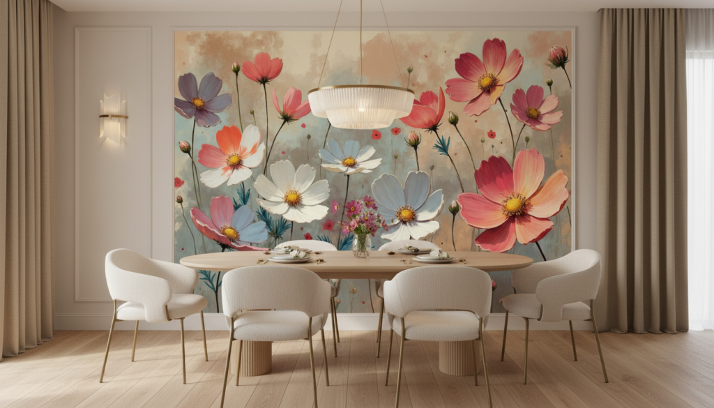 Papier peint cosmos aquarelle romantique tons pastel et corail - Salle à manger