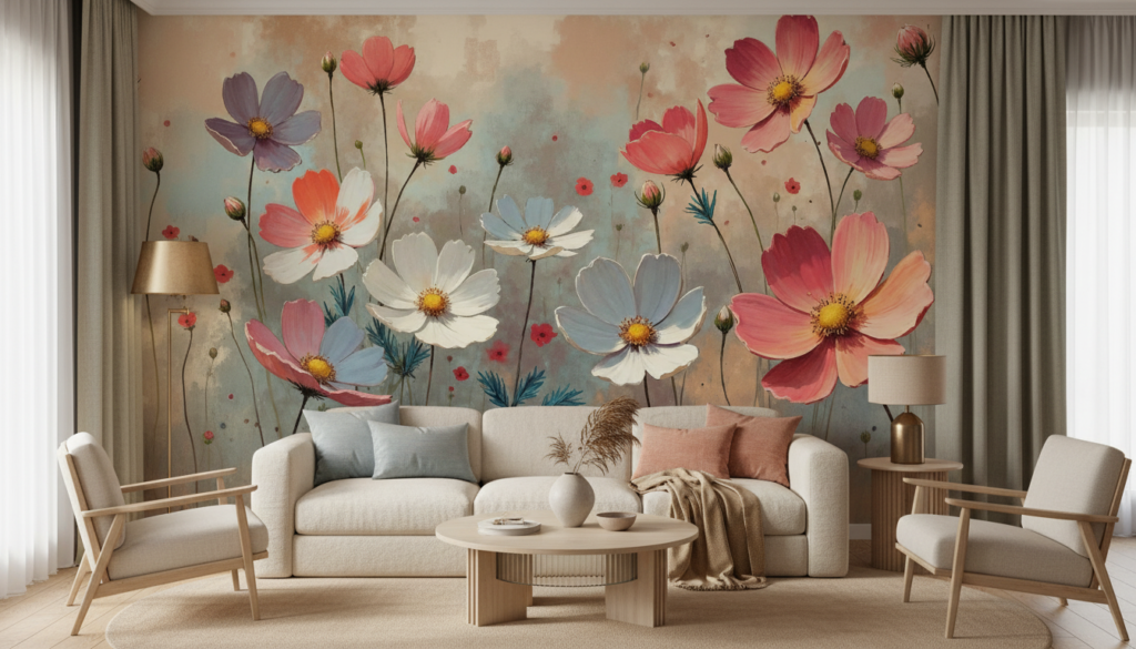 Papier peint cosmos aquarelle romantique tons pastel et corail - Salon / Séjour