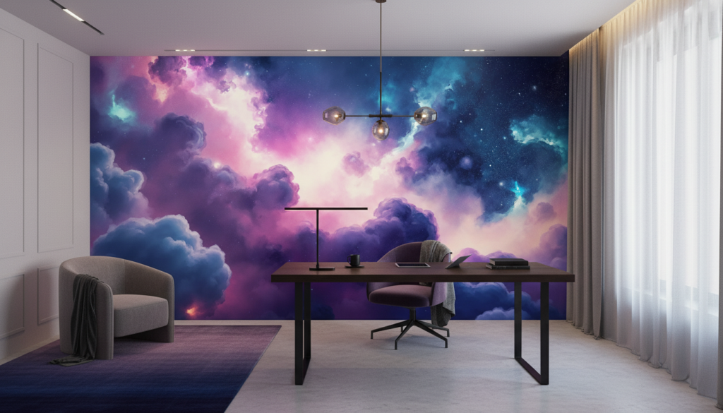 Papier Peint Cosmos Étoilé aux Nuages Violets et Bleus - Bureau
