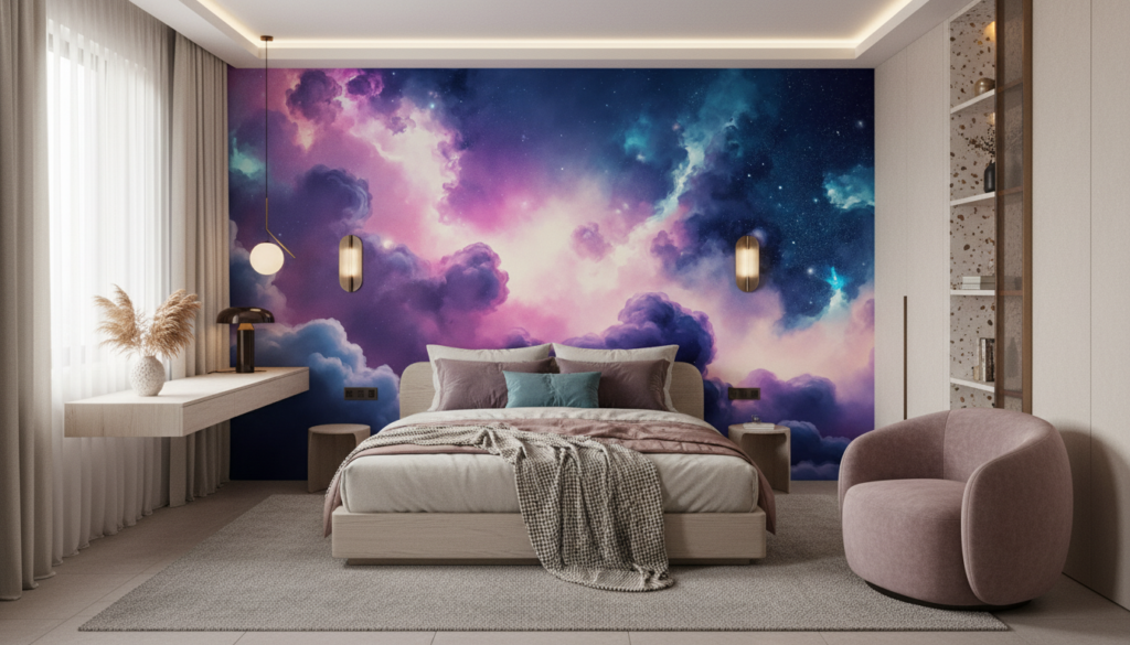 Papier Peint Cosmos Étoilé aux Nuages Violets et Bleus - Chambre ado