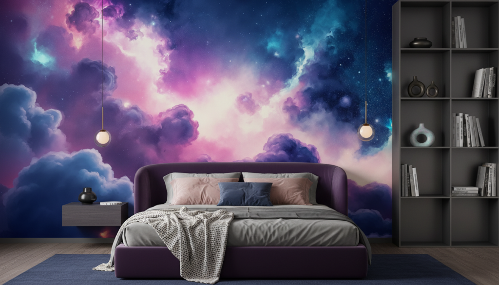 Papier Peint Cosmos Étoilé aux Nuages Violets et Bleus - Chambre adulte