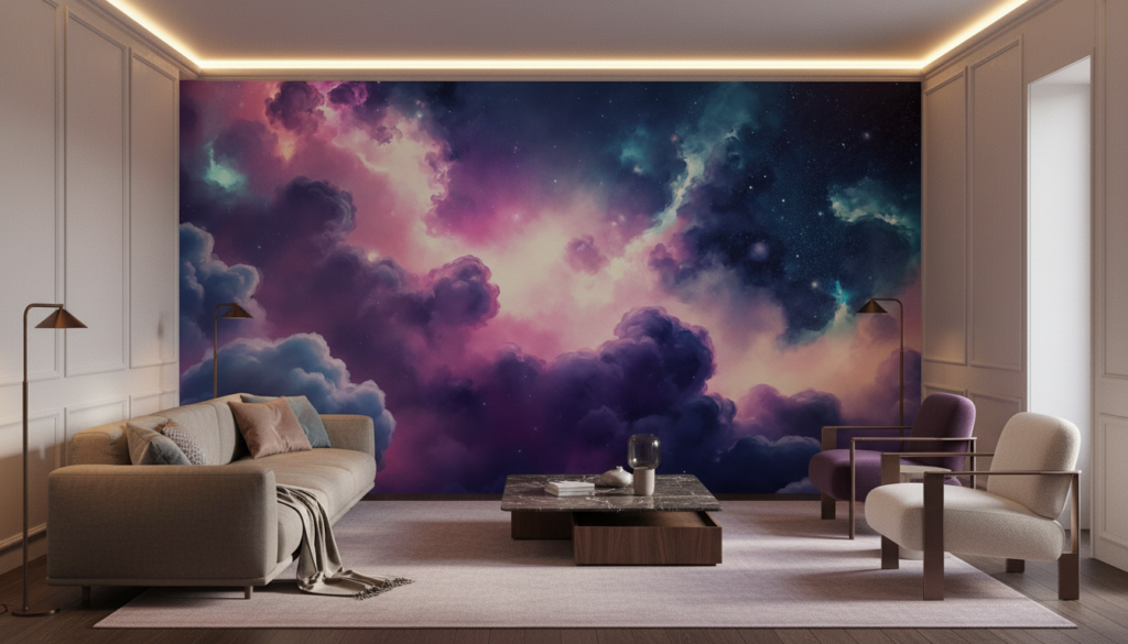 Papier Peint Cosmos Étoilé aux Nuages Violets et Bleus - Salon / Séjour