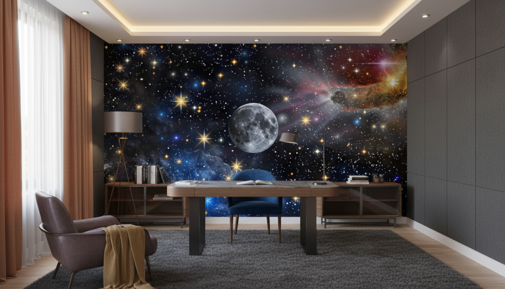 Papier peint cosmos étoilé avec lune et nébuleuses colorées - Bureau