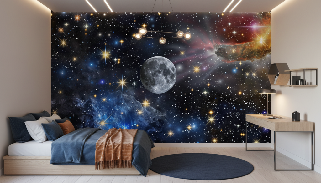 Papier peint cosmos étoilé avec lune et nébuleuses colorées - Chambre ado