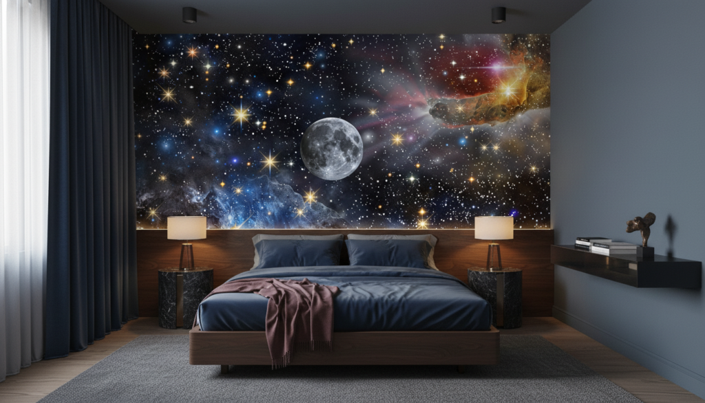 Papier peint cosmos étoilé avec lune et nébuleuses colorées - Chambre adulte