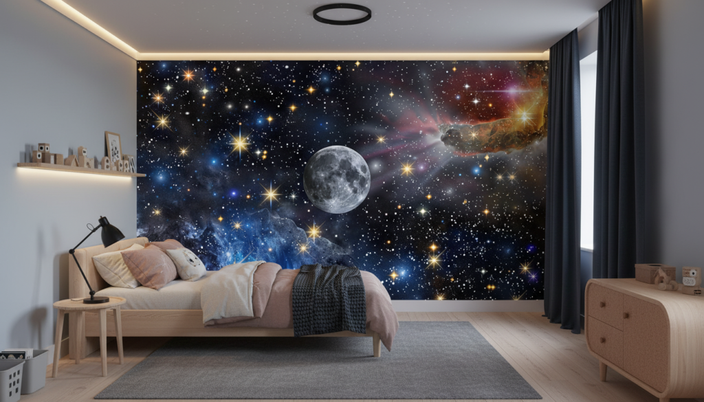 Papier peint cosmos étoilé avec lune et nébuleuses colorées - Chambre enfant