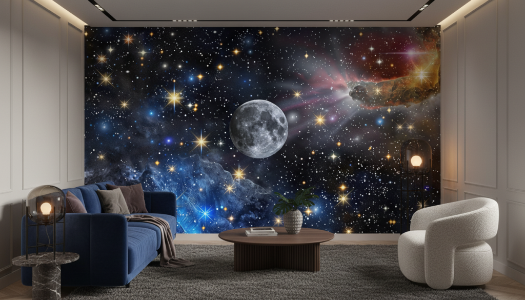 Papier peint cosmos étoilé avec lune et nébuleuses colorées - Salon / Séjour