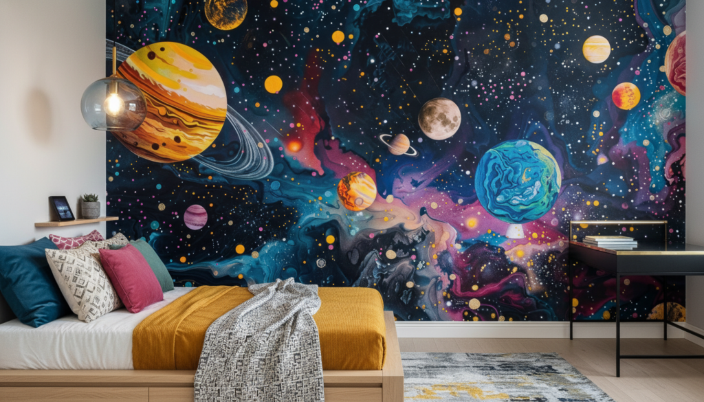 Papier peint cosmos fantastique avec planètes colorées et galaxies mystérieuses - Chambre ado