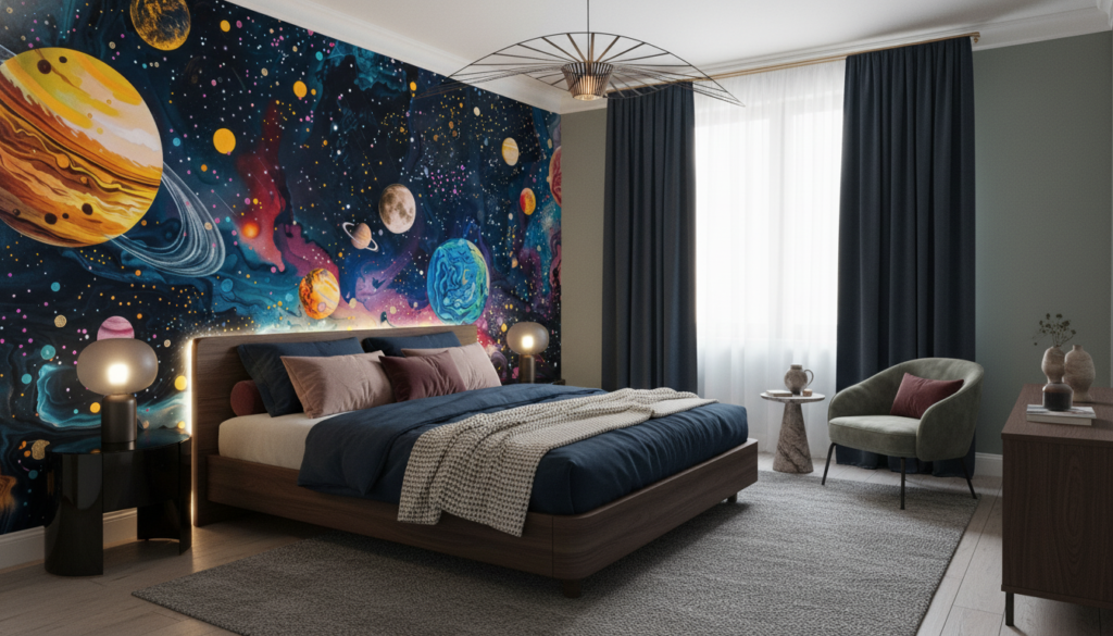 Papier peint cosmos fantastique avec planètes colorées et galaxies mystérieuses - Chambre adulte