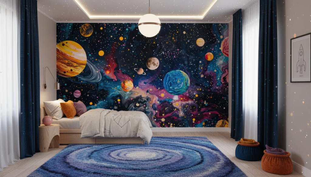 Papier peint cosmos fantastique avec planètes colorées et galaxies mystérieuses - Chambre enfant