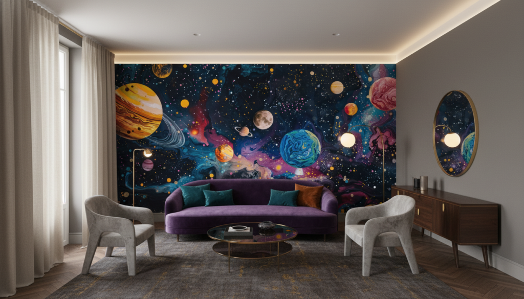 Papier peint cosmos fantastique avec planètes colorées et galaxies mystérieuses - Salon / Séjour