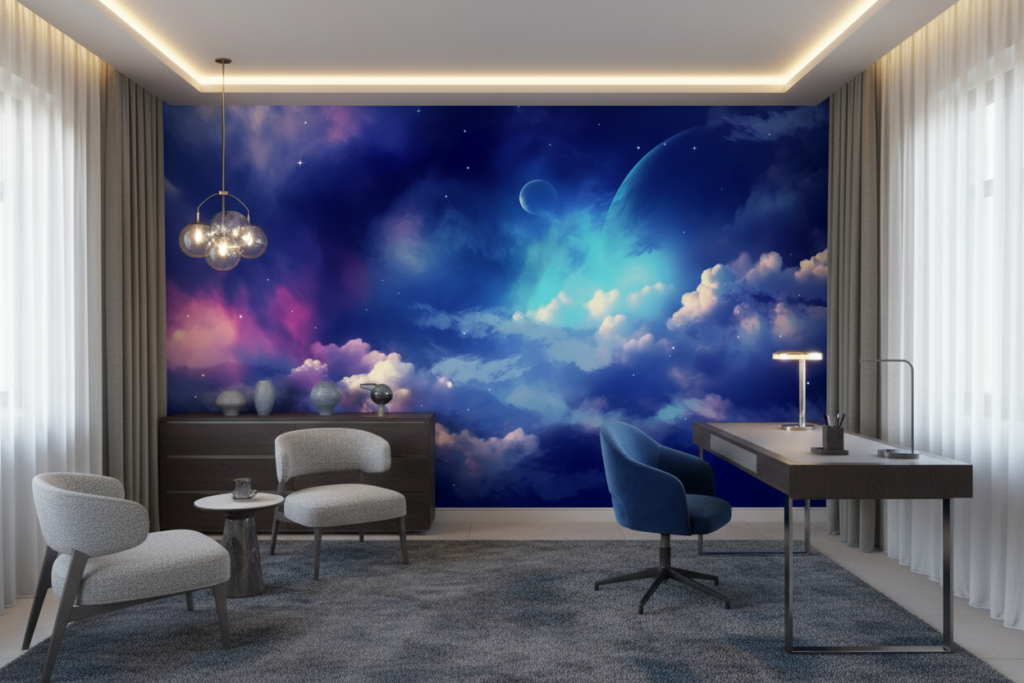 Papier peint cosmos fantastique avec planètes et nuages colorés étoilés - Bureau
