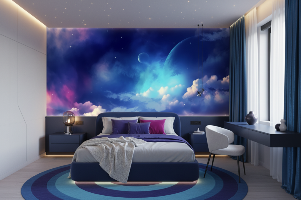 Papier peint cosmos fantastique avec planètes et nuages colorés étoilés - Chambre ado