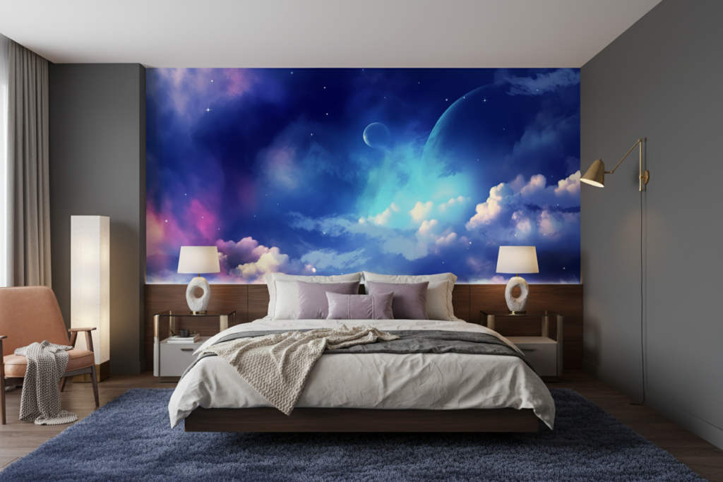 Papier peint cosmos fantastique avec planètes et nuages colorés étoilés - Chambre adulte