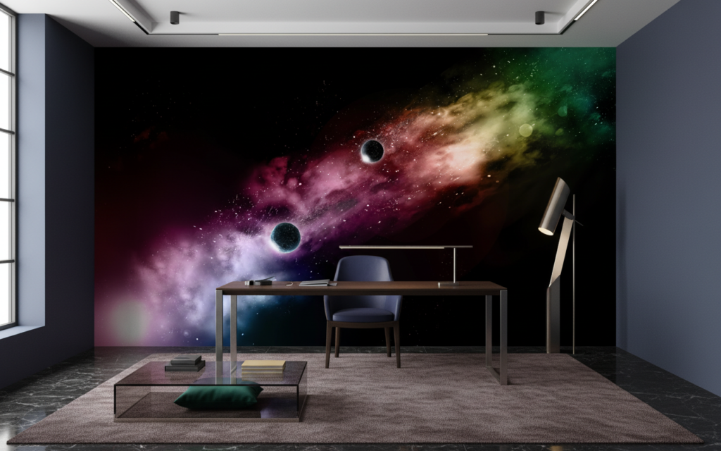 Papier Peint Cosmos Mystérieux Planètes et Nébuleuses Colorées - Bureau