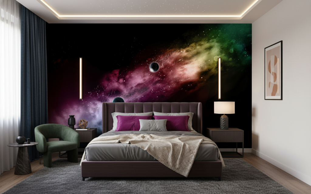 Papier Peint Cosmos Mystérieux Planètes et Nébuleuses Colorées - Chambre adulte